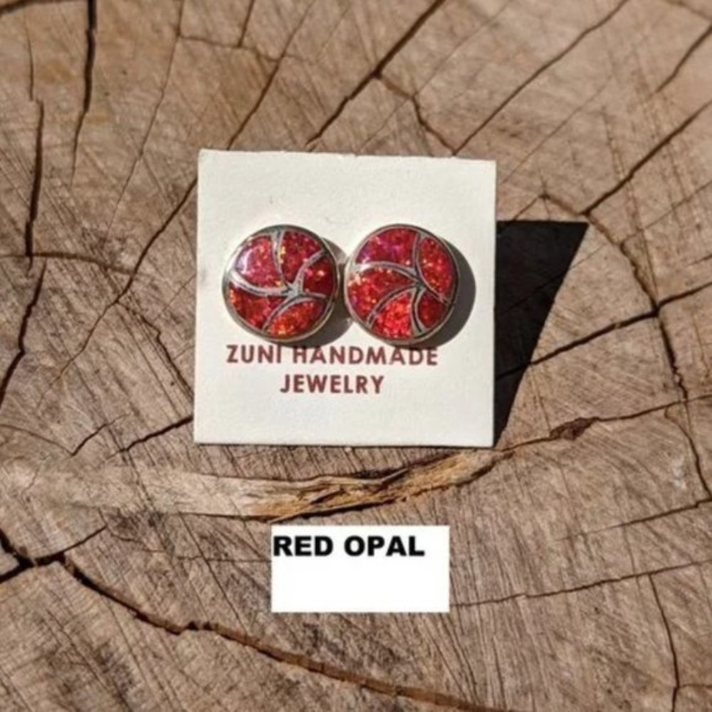 Handmade Sterling Silver Jewelry - Zuni Stud Faux Opal Red Earrings